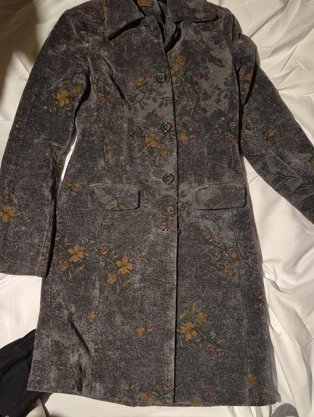 Danier Gray Floral Corduroy Trench Coat with Yellow Accents